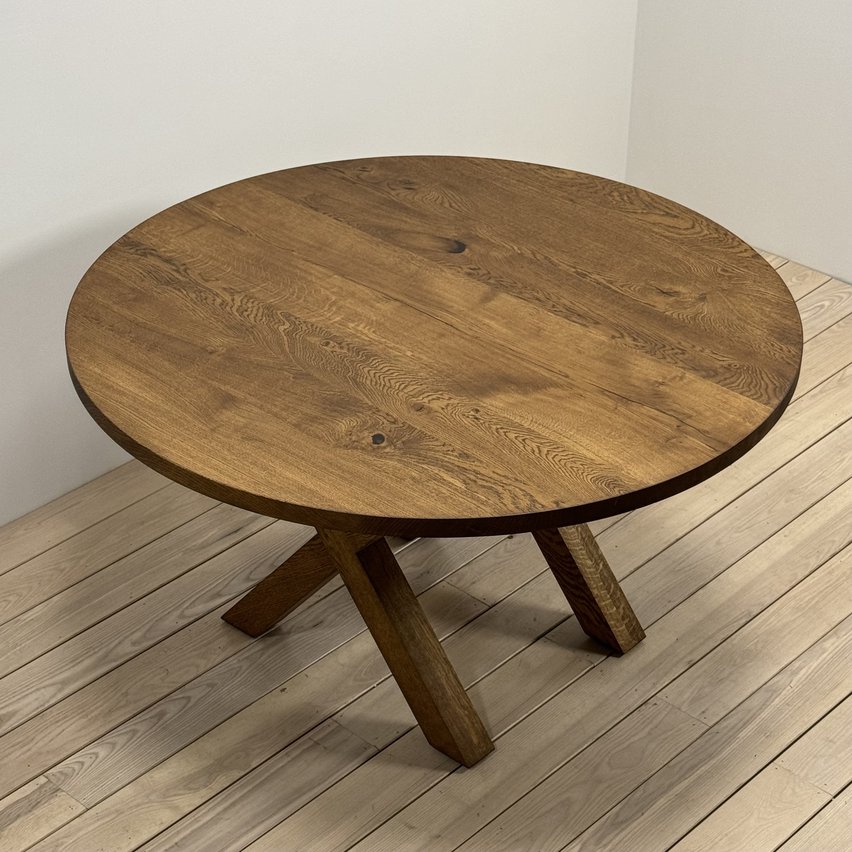 Solid Wood Brown Oak Round Table X Wooden Legs