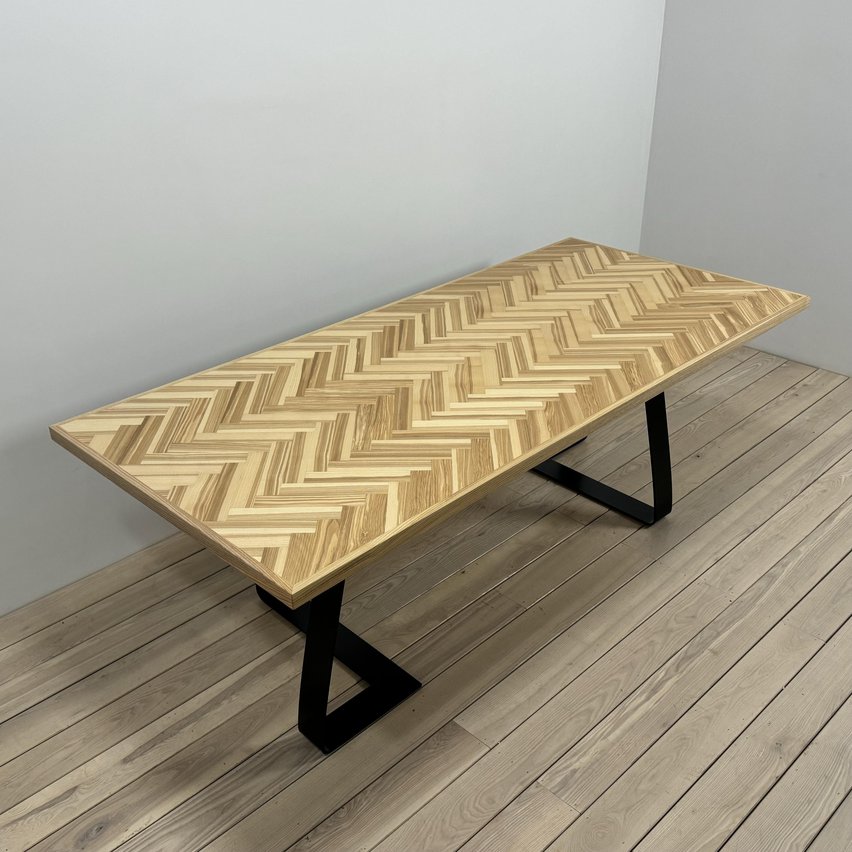 Natural Ash Herringbone Dining Table with Custom Matt Black Legs